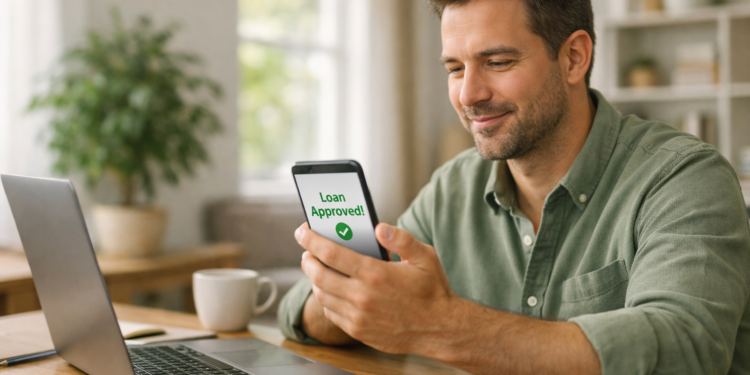 Person reviewing same-day loan approval on smartphone at home